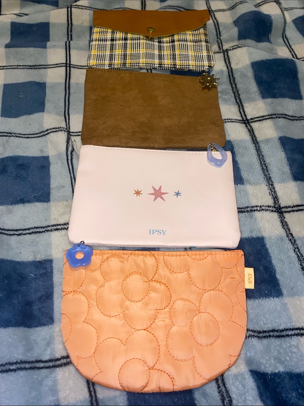 ipsy Set of 4 Pouches in Peach Cresent, Pink  Deco, Brown Sunflower, Plaid